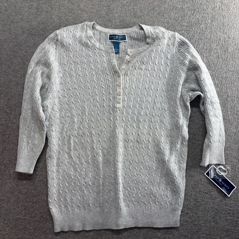 Karen Scott Petites Cable Knit Henley Sweater Smoke Grey L 4578SMG244 NWT